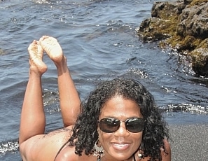 Ravenswallows/MS Leopard Print Bikini on Black Sand Beach